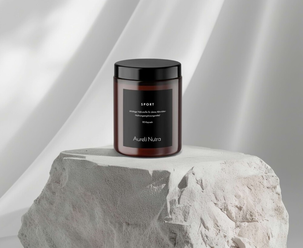 Produktfoto: Aureli Nutra Sport Dose steht auf einem Stein